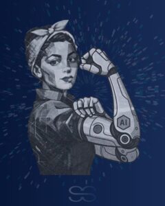 An AI-generated modern Rosie The Riveter, reflecting global heritage and the rise of human-AI collaboration.